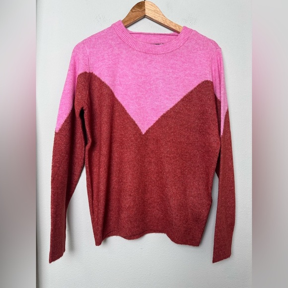 NWT VERO MODA Wool Blend Plaza Colorblock Crewneck Sweater in Fuchsia Pink Red L - Picture 3 of 12